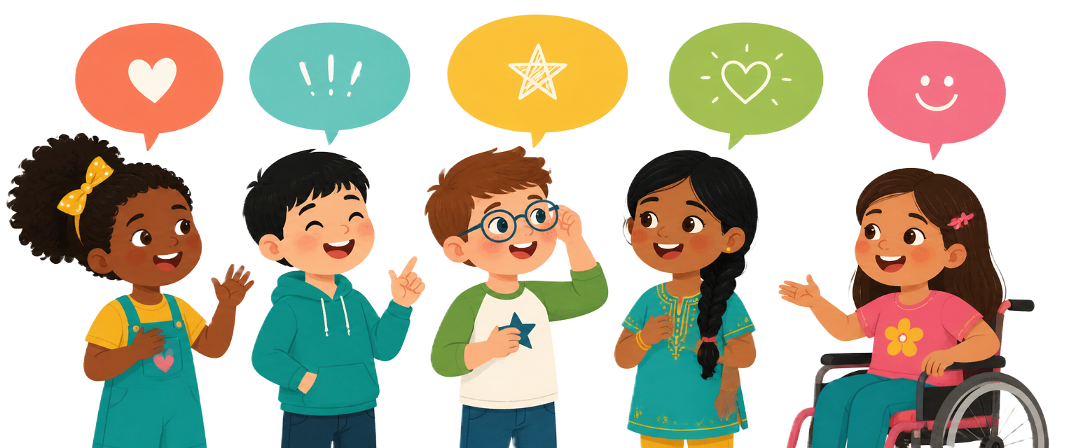 Illustration of a diverse group of children talking with colorful speech bubbles